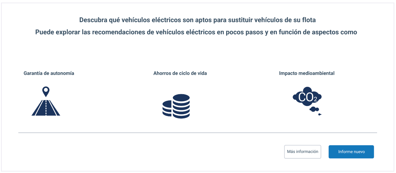 Captura de pantalla de la herramienta EVSA de Geotab con los criterios de selección para iniciar un nuevo informe.